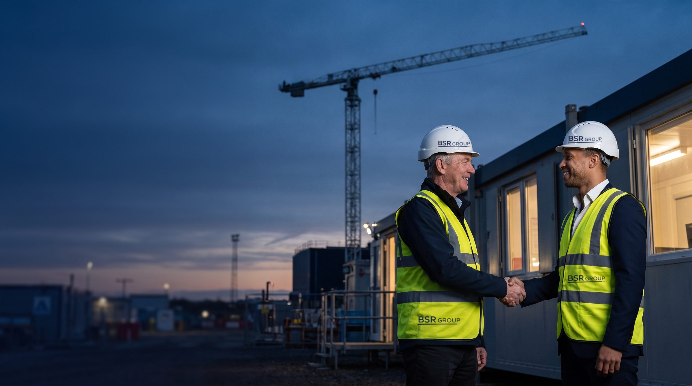 Two professionals in hi-vis and hard hats shaking hands beside site cabins, with a tower crane behind them
