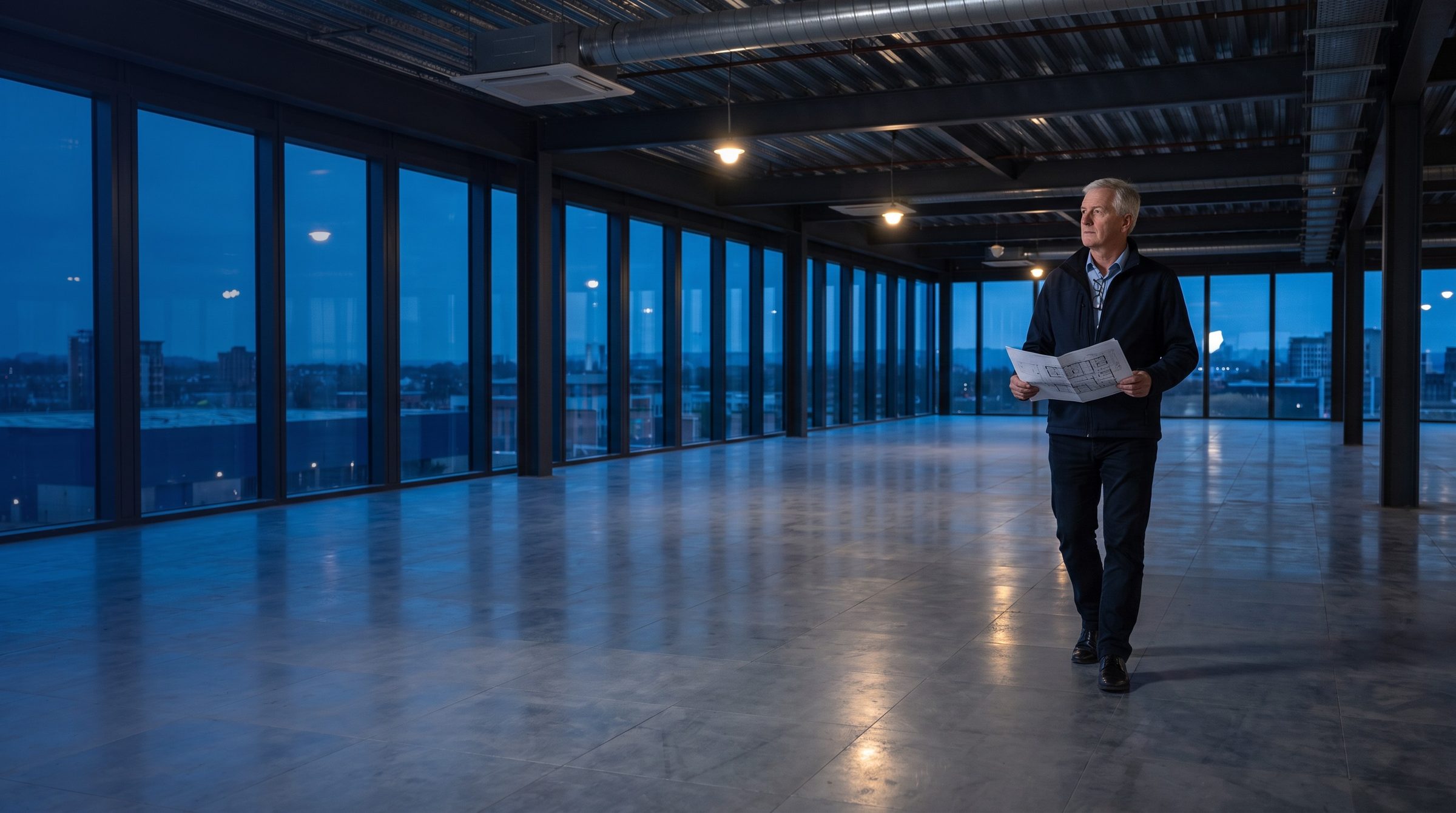 A project lead walking through an empty fitted office at dusk, holding floor plans